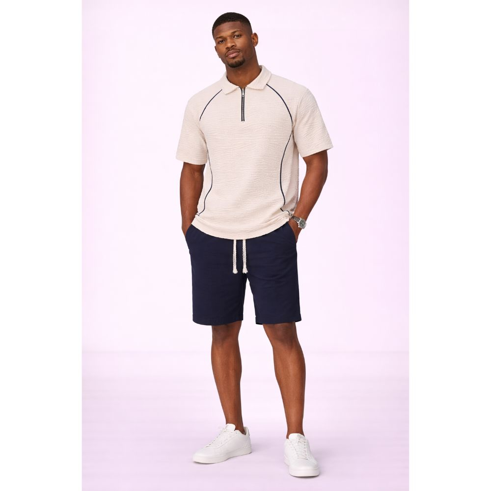Mens Premium Polo Shirt & Drawstring Shorts Set (Cream & Navy Blue)